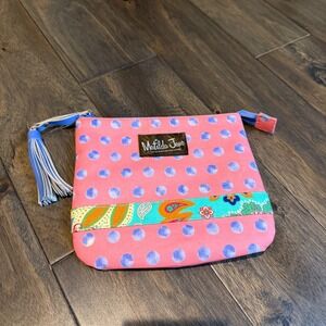Matilda Jane Polka Dot Cosmetic Bag Pouch Tassel Blue Pink Floral Accent